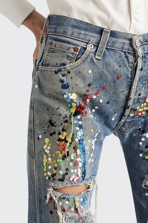 Ropa Upcycling, Paint Splatters, Painted Jeans, Boyfriend Denim, Denim Diy, Embellished Jeans, Jeans Diy, Ralph Lauren Collection, Style Jeans