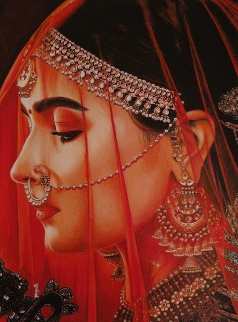 Potrait Rangoli Designs, Alia Bhatt Bridal Look, Alia Bhatt Drawing, Alia Bhatt Sketch, Roop Kalank, Types Of Indian Paintings, Kalank Movie, Portrait Rangoli, Bride Fashion Illustration