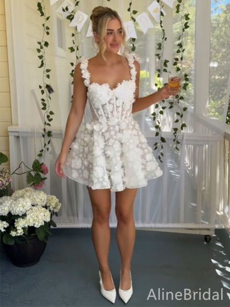 Gorgeous White Lace A-line Short Homecoming Dress, HD32775 – AlineBridal Wedding Dress Short Reception, Short White Dress Elopement, White Beaded Dress Short, White Short Puffy Dress, Short White Dress Outfit Casual, Short Fun Wedding Dress, Reception Party Dress Brides, Wedding Dresses For Short Brides Petite, Short Vegas Wedding Dress