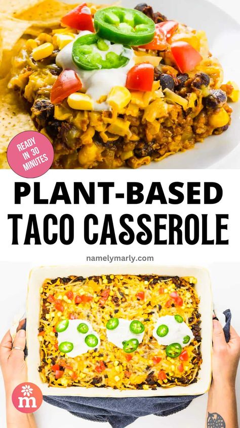 Vegan Taco Casserole, Vegan Mexican Casserole, Vegetarian Taco, Vegan Taco, Vegetarian Casserole, Vegan Casserole, Vegetarian Mexican, Vegan Mexican Recipes, Vegetarian Tacos