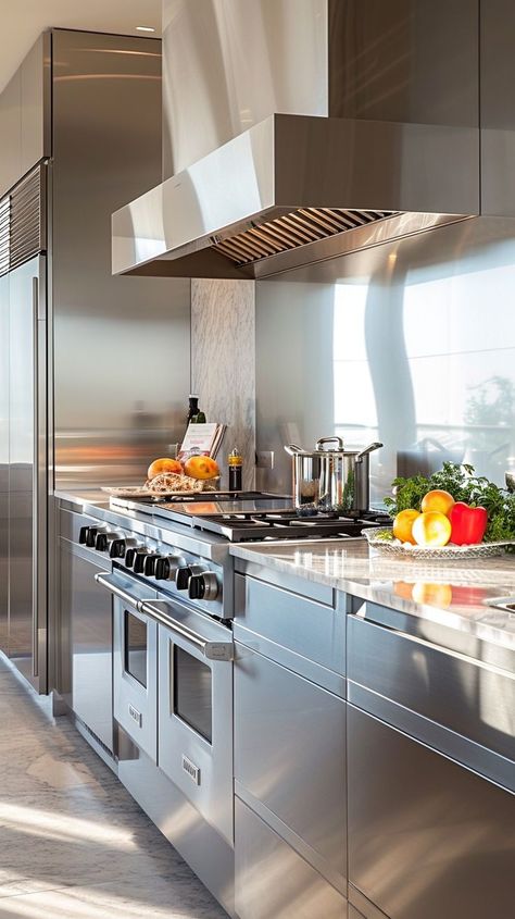 Modern kitchen with stainless steel appliances, natural light, fruits and vegetables, sleek design. Steel Appliances, Fresh Fruits, Fresh Fruits And Vegetables, Stainless Steel Appliances, Neutral Colour Palette, Neutral Color, Modern Kitchen Design, Fruits And Vegetables, Fresh Fruit