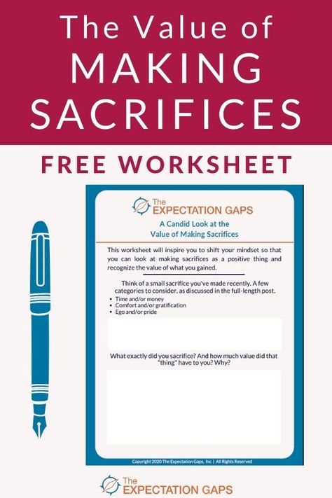 Sacrifice -- what an ominous word. But does it have to be? With a mindset of growth, can't we look at making sacrifices as a positive thing? Our full-length post will give you inspiration to shift your mindset, and our FREE WORKSHEET will help you go from inspiration to action. You can stop settling and start living today! #printableworksheets #mindset #intentionalliving #selfawareness #selfdevelopmentplan #personalgrowth #theexpectationgaps Life Binder Printables, Personal Growth Goals, Create Your Own Happiness, Live With Intention, High Achiever, Growth Goals, Binder Templates, Happiness Meaning, Binder Printables