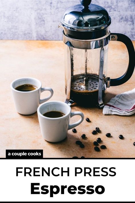 Here's how to make French press espresso! It's easy and makes great tasting espresso, no fancy machine required. #frenchpressespresso #espresso #frenchpress Espresso In French Press, French Press Espresso At Home, Espresso At Home No Machine, French Press Iced Coffee, Coffee Ratio, Best French Press Coffee, Espresso Drink, Coffee Creations, Cooking Fever