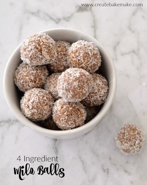 No Bake 4 Ingredient Milo Balls Lazy Desserts, Milo Balls, Malteser Slice, Milo Recipe, Chocolate Balls, Lunchbox Treats, Snacks For Kids, Bliss Balls, Quick Snack