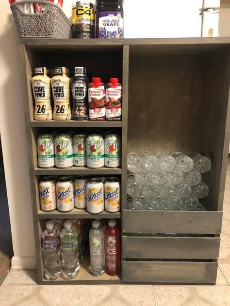 Drink Storage Shelf, Drink Holder Storage, Hidden Drink Storage, Soft Drink Storage Ideas, Gatorade Storage Ideas, Diy Drink Storage Ideas, Pantry Drink Storage, Garage Drink Storage, Drink Storage Ideas Small Spaces