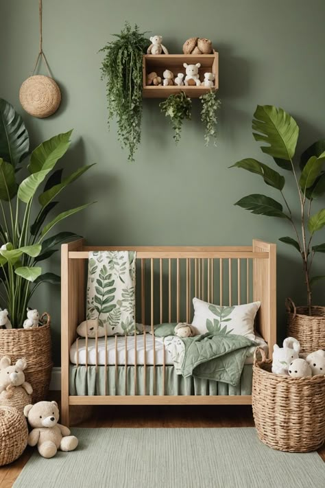 Boy Nursery Ideas Safari, Boho Nursery Neutral Green, Sage Green Jungle Nursery, Boys Green Nursery, Forest Theme Nursery Boy, Earth Tone Nursery Gender Neutral, Hunter Green Nursery Boys, Boys Nursery Green, Olive Green Nursery Boy