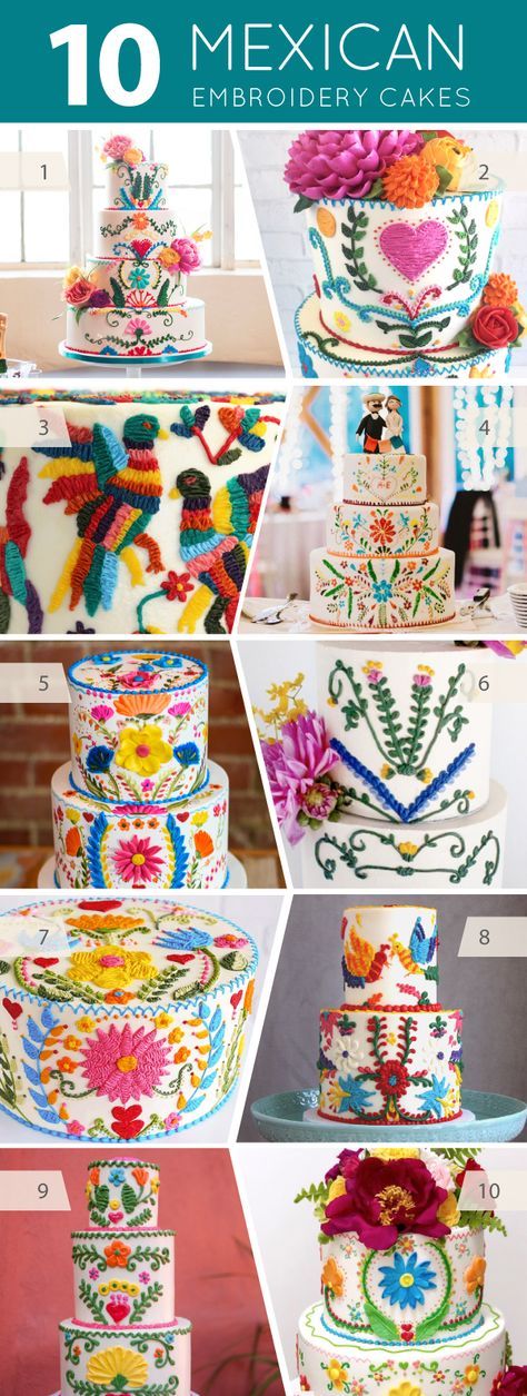 10 Mexican Embroidery Cakes | on TheCakeBlog.com Mexican Cake, Mexican Birthday Parties, Fiesta Cake, Mexican Birthday, Cupcakes Decorados, Mexican Party Theme, Mexican Embroidery, Fiesta Theme, Mexican Dessert