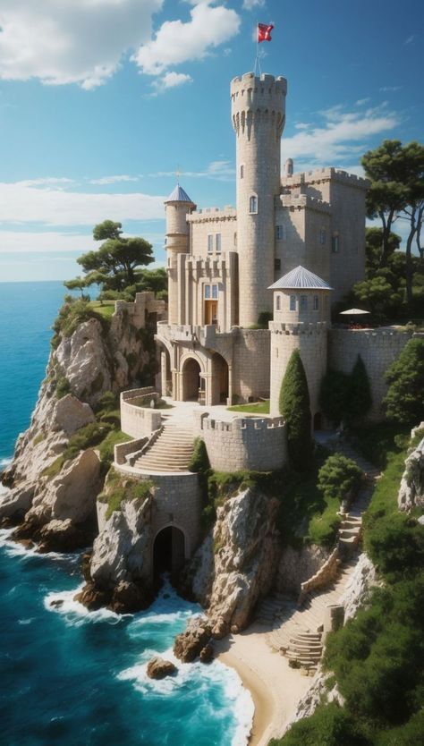 Castle Overlooking Ocean, Castle Near Ocean, Fantasy Island Castle, Mermaid House Exterior, Mediterranean Castle Aesthetic, Ocean Castle Aesthetic, Fantasy Castle Exterior, Minecraft Cliffside Castle, Cliff Side Castle