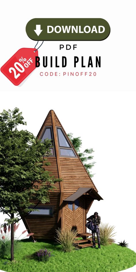 Plan for a diamond-shaped wooden house! This plan is designed entirely for do-it-yourself projects. Diamond Cabin, Wooden Cabin House, Wooden Cabin, Tiny House Plan, Cabin House, Cabin House Plans, Wooden Cabins, Tiny House Interior, Cabin Plans