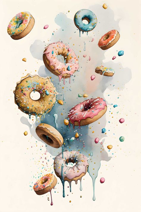 A digital print of donuts falling from the sky. Great for posters, art prints, and wall art. Available for download. Doughnut Art, Donut Poster, Donut Artwork, Donut Painting, Donut Art Print, Donut Wall Art, Tv Painting, Art For Room Decor, Calendar Images