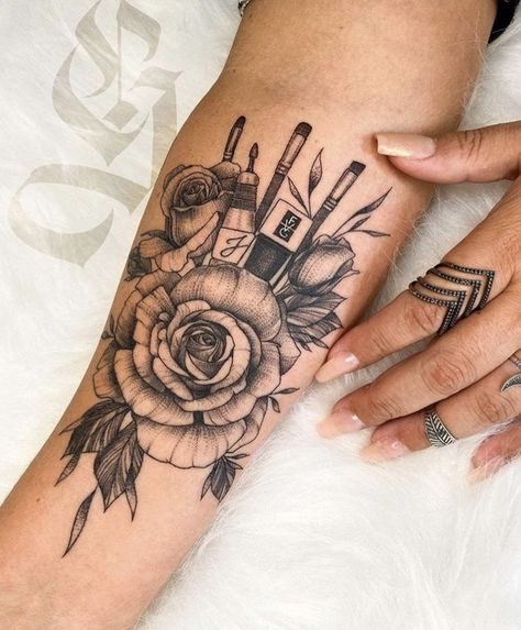 Beautician Tattoos For Women, Beautician Tattoo Ideas, Nail Artist Tattoo Ideas, Make Up Tattoo Ideas, Makeup Brush Tattoo, Makeup Brushes Tattoo, Make Up Artist Tattoos Ideas, Esthetician Tattoo Ideas, Nail Tech Tattoo