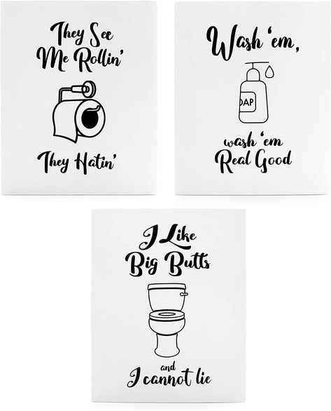 PRICES MAY VARY. SET OF 3: Receive three cute & funny plaques, real wood SIZE: Each 10 inches tall and 8 inches wide COLOR: White background with black print GIFT-ABLE: Comes in a pretty kraft box, easy to wrap as a gift, great for friends with a sense of humor Decorae Bathroom Decor Funny Signs (3-Piece Set)   Enjoy this whimsical and cute set of bathroom signs to spice up your restroom trips. Signs are real wood [no cardboard!]. Give your bathroom an amusing face lift with this wooden plaque s Pictures For Bathroom Walls, Bathroom Wall Decor Art, Bathroom Images, Funny Bathroom Signs, Funny Bathroom, Art Bathroom, Bathroom Pictures, Farmhouse Bathroom Decor, Face Lift