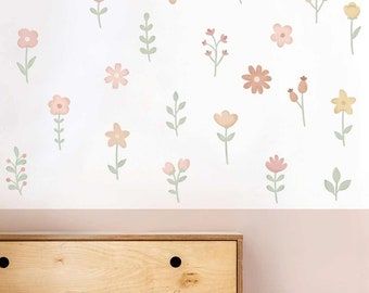 Flower Wall Decals For Girls Room, Flower Accent Wall Bedroom, Floral Wall Mural Painting, Flower Painted Wall, Painted Flower Wall, Kids Wall Stickers, Baby Room Decals, Wildflower Wall, Adhesive Fabric