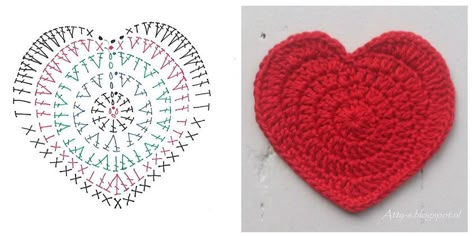 Con San Valentino che incombe  vi segnalo uno schema per cuore a uncinetto.    Si può usare per fare una ghirlanda per decorare la casa nel giorno dedicato all’amore, se ne possono realizzare per spar Free Heart Crochet Pattern, Crocheted Heart, Slip Stitch Crochet, شال كروشيه, Crochet Heart Pattern, Knitted Heart, Treble Crochet Stitch, Crochet Square Patterns, Crochet Heart