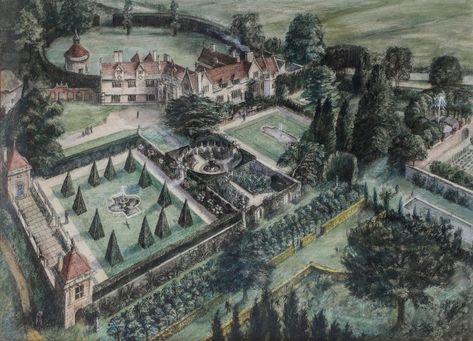 1-GRI An aerial perspective of Athelhampton House and Gardens- RICHARD SORRELL English Manor Houses, English Manor, Manor House, Art Auction, Historic Homes, Country House, City Photo, Fine Art