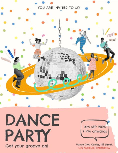 Silent Dance Party, Dance Party Poster, Dance Party Invite, Disco Flyer, Dance Flyer, Collage Invitation, Dance Party Invitations, Yellow Theme, Party Invite Design