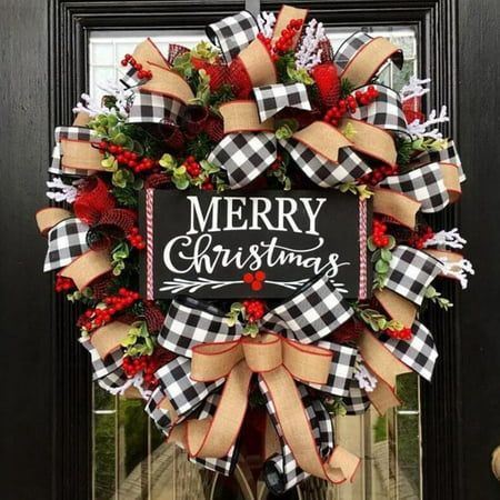 Bow Garland, Diy Girlande, Merry Christmas Wreath, Privacy Window, Buffalo Plaid Ribbon, Buffalo Check Christmas, Artificial Christmas Wreaths, Wall Wreath, Porte Decorate