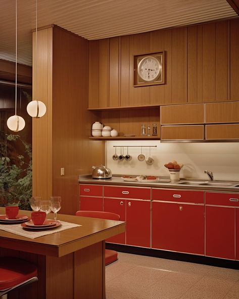 All-American family home in the suburbs / 1972 🧡 • • • • (AI images — MJ 5.2) #70sinterior #1970sinterior #70saesthetic #1970s #70svibes #70snostalgia #70sdecor #70s #vintage #interiordesign #homedecor #luxuryhomes 70s Architecture Interiors, 60s House Decor, 1970 Interior Design, 70s House Exterior, 70’s Kitchen, Retro Modern Kitchen, 70’s House, 1980s Kitchen, 1980s Interior