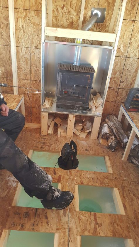 Ice Fishing Shack Ideas, Ice Shanty Plans, Woodstove Ideas, Ice Fishing Shack Plans, Ice Fishing Huts, Ice Fishing Equipment, Ice Fishing Shanty, Ice Hut, Fish Hut