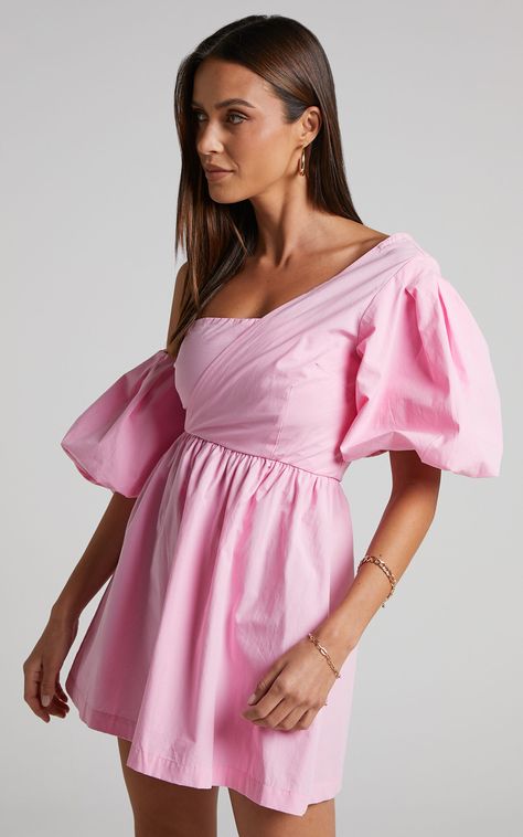 One Peace Dress, Pink Puff Sleeve Dress, Vestidos Para Baby Shower, Senior Party, Minimalist Moda, Rush Outfits, Shoulder Puff Sleeve, Short Long Dresses, Ring Ceremony