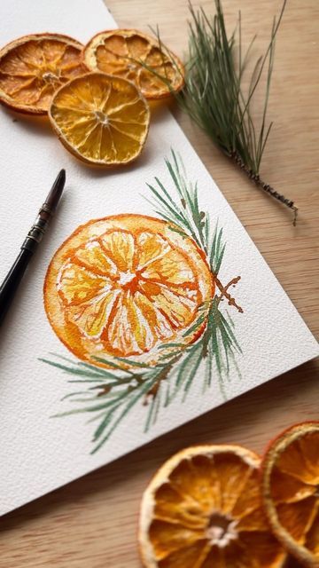 Orange Slices Watercolor, Orange Slice Watercolor, Christmas Art Acrylic, Christmas Artwork Ideas, Christmas Cards Art, Easy Watercolor Paintings Christmas, Christmas Drawing Watercolor, Christmas Tree Watercolor Painting, Christmas Water Coloring Ideas