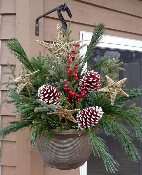 Winter Hanging Baskets Outdoor, Hanging Basket Display, Winter Hanging Baskets, Christmas Hanging Baskets, Basket Display, Porch Pots, Outdoor Christmas Planters, Christmas Entry, Christmas Planters