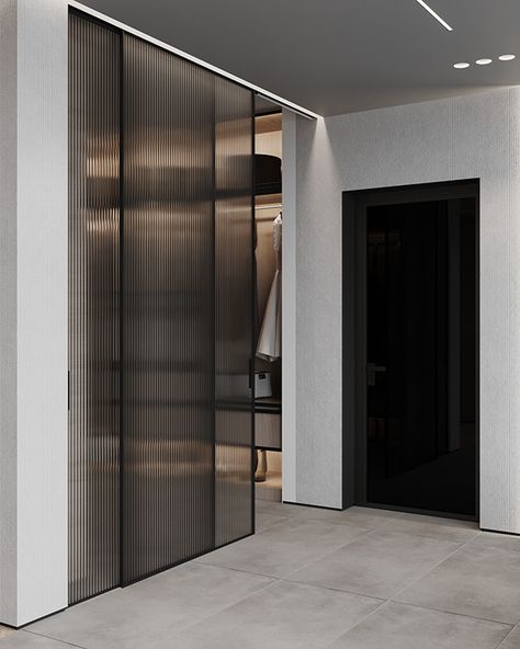 Sliding Walk In Closet Doors, Smoked Glass Wardrobe, Slide Closet Door, Walk In Closet Doors Entrance, Walk In Closet Doors, Closet Glass Doors, Walk In Closet Door, Glass Door Closet, Closet Design Plans