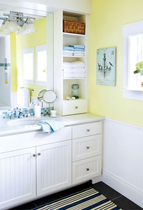 Country charm in the bathroom.  Love the creamy yellow and the storage. Yellow Bathroom Walls, Colorful Bathrooms, Bathroom Redecorating, Yellow Bathroom Decor, Cupboard Shelves, Yellow Bathroom, Gray Bathroom, Bathroom Wall Cabinets, Bedroom Remodel