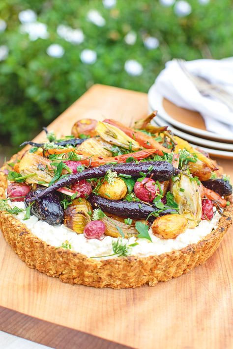 Carrot Tart With Ricotta And Feta, Root Vegetable Tart, Vegetable Tart Recipes, Veggie Entrees, Oat Crust, Ricotta Tart, Crisp Salad, Vegetable Tart, Savoury Tarts