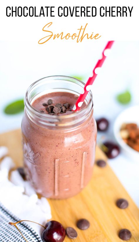 This easy, healthy Chocolate Covered Cherry Smoothie recipe tastes like dessert but is chock full of antioxidants and protein thanks to spinach, dark cherries, almond butter, cocoa powder, and more. This single serving smoothie that can be made into a smoothie pack, too. #easysmoothie #makeaheadsmoothie #healthysmoothie #chocolatesmoothie #smoothiefreezerpack #chocolatecherrysmoothie Healthy Chocolate Shakes, Cherry Smoothie Recipes, Blueberry Muffin Smoothie, Make Ahead Smoothies, Freezer Smoothie Packs, Apricot Smoothie, Freezer Smoothies, Chocolate Covered Cherry, Thriving Home