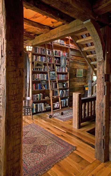 Cabin Library, Cozy Home Library, Home Library Design, Log Cabin Homes, Attic Rooms, Design Room, Rock Decor, Home Libraries, Cabin In The Woods