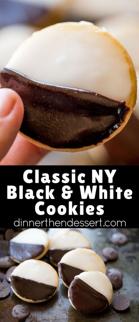 Black and White Cookies are the perfect cake-like cookies with chocolate and vanilla frosting glazes you love without going to New York City to get them! #cookie #chocolate #vanilla #newyork #baking #dessert #cookies #holidays #christmas #dinnerthendessert Black And White Cookies Recipe, White Cookies Recipe, Nyc Black And White, Black And White Cookie Recipe, Travel To New York, White Cookies, Dinner Then Dessert, Black And White Cookies, Cookie Plate