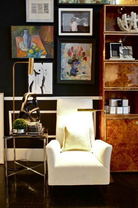 Black walls, burl wood cabinet. Stunning. See more at www.brookeeva.com #black #walls #gallerywall Pharmacy Lamp, Wood Office, Lamp Living Room, Dark Walls, Burl Wood, Burled Wood, Black Walls, Wood Cabinets, Pharmacy