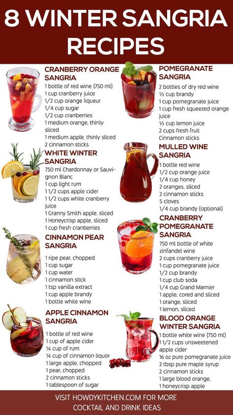 An infographic showcasing 8 Winter Sangria Recipes, including Cranberry Orange Sangria, White Winter Sangria, and Mulled Wine Sangria, perfect for festive gatherings during the cold months. Hot Winter Cocktails, Winter Sangria Recipes, Holiday Sangria Recipes, Easy Sangria Recipes, Winter Sangria, Christmas Drinks Recipes, Winter Cocktails Recipes, Kitchen Witch Recipes, Winter Cocktail