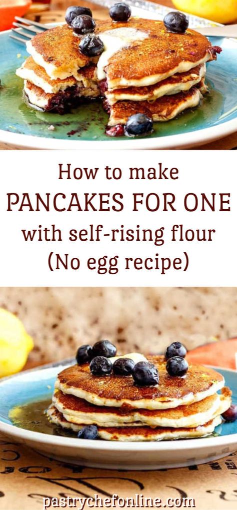 How to make pancakes for one person with self-rising flour. This no egg pancake recipe cooks up light, fluffy, and tender without eggs. Treat yourself for breakfast, brunch or breakfast for dinner with this easy pancake recipe you don't have to share with anyone! #pancakesforone #pancakesnoegg #pancakerecipe #selfrisingflour #breakfast #pancakes #brunch #pastrycnefonline Pancakes For One Person, No Egg Pancake Recipe, Ihop Pancake Recipe Without Buttermilk, Pancake Recipe Without Eggs, I Hop Pancake Recipe, Recipe Pancakes, Easy Pancake Recipe, Pancakes For One, Easy Homemade Pancakes