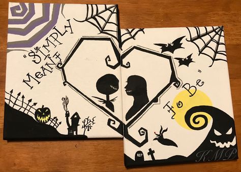 Jack And Sally Easy Drawing, A Nightmare Before Christmas Painting, Simply Meant To Be Jack And Sally, Couple Christmas Painting Ideas, Zero Nightmare Before Christmas Painting, Lock Shock And Barrel Painting, Hollowed Painting Ideas, Sally And Jack Painting, Nightmare Before Christmas Promposal