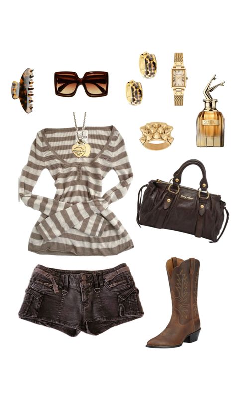 long sleeve striped shirt, brown denim shorts, brown cowboy boots, brown miumiu bag, brown sunglasses, brown claw clip, gold accessories, gold jewellery, gold earrings, gold bracelet cuff, gold watch, mugler perfume, aesthetic, y2k, 2000s, throwback, tb, nostalgia, cunt, cool, sexy, autumn, fall, beige, pretty Vintage Y2k Outfits, Vintage 2000s Aesthetic, Vintage Y2k Aesthetic, Dope Fits, Where To Buy Clothes, 2000s Outfits, Thrifted Outfits, Vintage 2000s, Fashion Lookbook