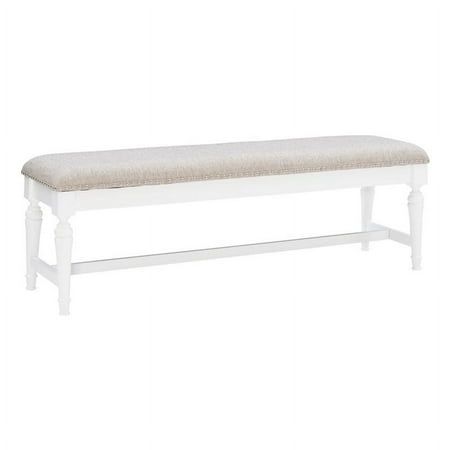 A seamless addition to nearly any room in the house, this modern farmhouse bench knows how to fit in regardless of the crowd. The cushioned seat is lined with nail head trim and covered in an intricate linen weave with marled yarns and tonal beiges, all 100% polyester for a soft touch and easy cleaning. A sturdy rubberwood frame features turned legs and is covered in a lustrous white finish that adds emphasis to the upholstery above. Measuring at 60 L x 16.25 D x 20 H, this piece is great next t Farmhouse Bench, Nail Head, Wood Bench, Modern Farmhouse, Modern Contemporary, Bench, Wood, White