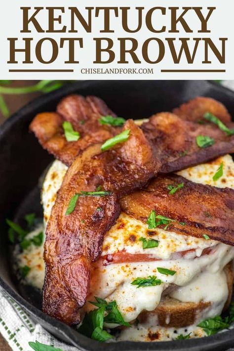 If you're looking for true comfort food, look no further than this Kentucky Hot Brown recipe consists of turkey, bread, tomato, Mornay sauce and bacon. #kentuckyhotbrown #hotbrown #comfortfood | chiselandfork.com Hot Turkey Bacon Sandwiches, Turkey Hot Brown, Mornay Sauce Kentucky Hot Brown, Kentucky Hot Brown Recipe, Hot Brown Recipe Kentucky Original, Easy Hot Brown Recipe Kentucky, Kentucky Food Recipes, Hot Browns Recipe Kentucky, Kentucky Brown Sandwich