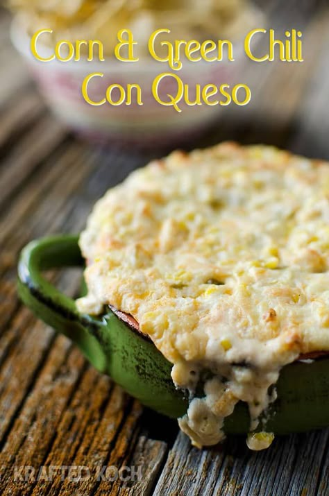 Corn Green Chilli Con Queso is an easy dip prepared in your Crock Pot that is sure to be a crowd-pleaser with crunchy sweet corn, flavorful green chilies and melted cheddar and queso fresco! Quest Dip, Queso Dip Easy, Chili Con Queso Dip, Corn Queso, Chili Queso, Con Queso Dip, Slow Cooker Dips, Buffalo Mac And Cheese, Parmesan Dip