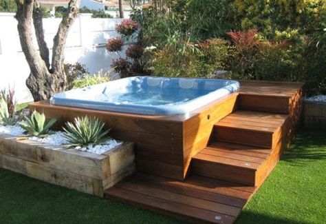 Outdoor jacuzzi ideas on a wooden deck with steps on the backyard. #Jacuzzi #pool #spa #nature #hottub #repin #hot #tub #pool #modern #nature #hot #tub #zen Hot Tub Landscaping, Hot Tub Patio, Hot Tub Designs, Hot Tub Gazebo, Hot Tub Deck, Hot Tub Backyard, Hot Tub Garden, Tub Ideas, Jacuzzi Outdoor