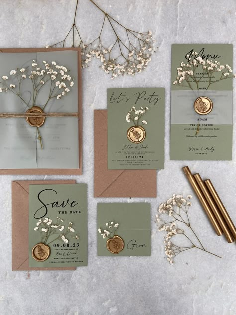 Boho Name Cards Wedding, Boho Wedding Stationary, Safe Green Wedding, Sage Green And Gold, Vellum Overlay, Gold Wax Seal, Gypsophila Wedding, Green Invitations, Madison Wedding