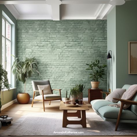 Painted Brick Feature Wall, Painted Brick Accent Wall, Painted Brick Interior Wall, Painted Brick Interior, Green Brick Wall, Shop Remodel, Green Textured Wall, Brick Wall Ideas, Painted Brick Wall