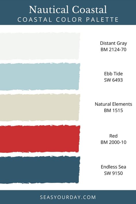 Perfect colors for a coastal inspired home with Nautical or Americana theme. Use this no-fail palette when you don't know where to begin. #Nantucket #American decor #paint colors Nautical Colours Palette, Nautical Color Palette Colour Schemes, Color Palette Nautical, Maine Coast Color Palette, Nautical Colour Palette, Nantucket Color Palette, 4th Of July Color Palette, Patriotic Color Palette, New England Color Palette