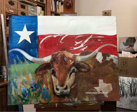 Abstract Longhorn Painting, Texas Flag Painting, Texas Painting, Longhorn Painting, Texas Mural, Texas Painting Ideas, Western Painting Ideas On Canvas, Western Painting Canvas, Texas Artwork