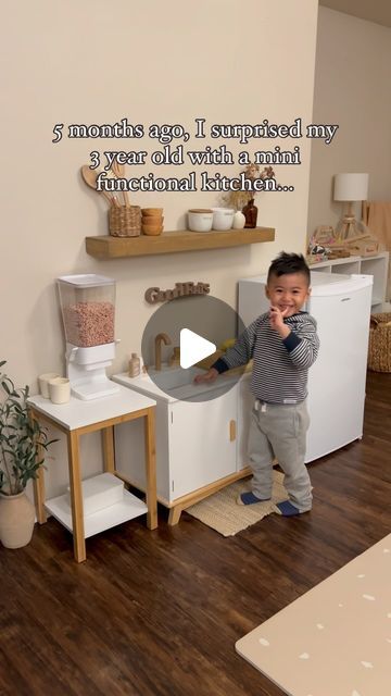 Montessori Mini Fridge, Play Kitchen Counter Space, Working Kitchen For Kids, Montessori Kitchen Station With Mini Fridge, Kids Montessori Kitchen, Kids Functional Kitchen, Montessori Functional Kitchen, Kitchen Play Area For Kids, Functional Kids Kitchen