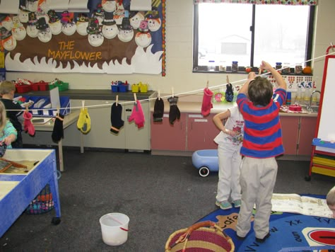 The kids loved hanging the mittens they washed on a clothes line in the classroom.  The Mitten unit. Dress Up Center Preschool, Clothes Dramatic Play Preschool, Clothes Dramatic Play, Clothes Unit Preschool, Preschool Clothing Study, Clothing Unit For Preschool, Clothing Activities For Preschool, Clothing Theme Preschool, Laundry Dramatic Play