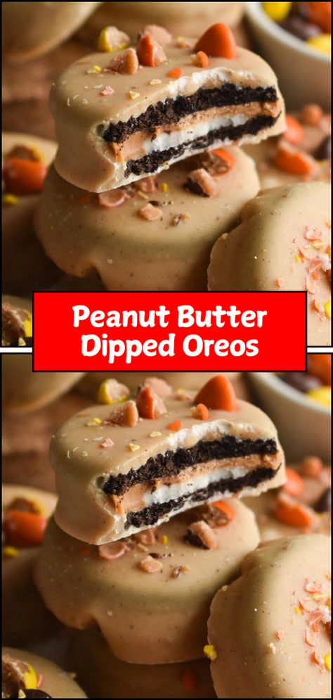 Peanut Butter Dipped Oreos – Elevate your favorite cookie with this decadent twist! These creamy peanut butter-dipped Oreos are the ultimate indulgence for peanut butter and chocolate lovers. Perfect for parties, snacking, or gifting, these treats are easy to make and impossible to resist! 😍🍫  #PeanutButterOreos #SweetTreats #OreoLovers #DessertInspo #ChocolateAndPeanutButter #SnackGoals #EasyRecipes #PartySnacks #CookiePerfection #YummyBites Thanksgiving Desserts Oreo, Oreo Dipped Cookies, Mmm Cookies, Peanut Butter Dip, Oreo Cookies Dipped, Peanut Butter Oreo, Dipped Oreos, Dipped Cookies, Peanut Butter And Chocolate