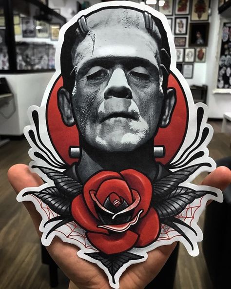 Traditional Monster Tattoo, Universal Monsters Tattoo, Monsters Tattoo, Frankenstein Design, Frankenstein Tattoo, Underboob Tattoo Designs, Horror Movie Tattoos, Monster Tattoo, Movie Tattoos