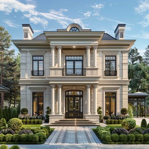 3+ Molding Design for House Front Transformations with a Classic Modern Twist • 333+ Art Images Classical House Exterior, Modern Classical House, Villa Facade Design, Classic Villa Exterior, Design For House, Molding Design, Town House Architecture, Classic Facade, Home Designs Exterior